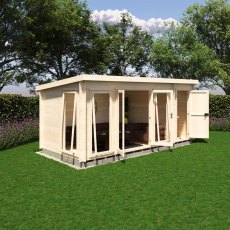 Shire Walsoken 8x17 Garden Log Cabin - Angled view with double glass doors open showing interior sofa seating and side store access