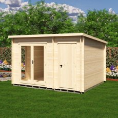 Three-quarter front view of the light wood log cabin with closed glass double doors and a closed solid wooden side door.
