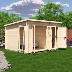 Angled exterior view of the log cabin with double glass doors open to reveal an interior sofa, and a separate side door open to reveal stored equipment.