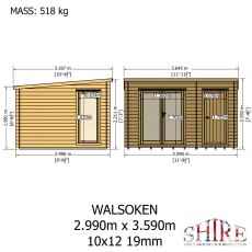 Dimensional line drawing elevation showing the front and side profile measurements of the Walsoken log cabin.