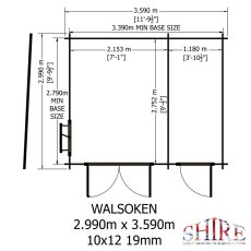 Floor plan diagram indicating external dimensions, door opening spans, and dual-room partition details
