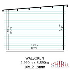 Side elevation blueprint showing the roof pitch, height specifications, and wall thickness 19mm for the log cabin.