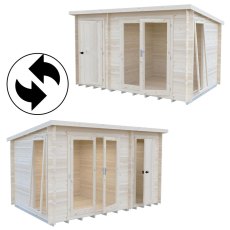 Isometric product view and alternate configuration option of the Shire Walsoken log cabin against a plain white background.