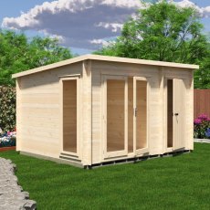 Angled view of a natural light wood Shire Walsoken log cabin with glass double doors and a side solid wood door, set on a green lawn.