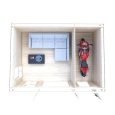 Shire Walsoken 10x14 Log Cabin - Overhead floor plan showing living room furniture layout and motorcycle storage bay