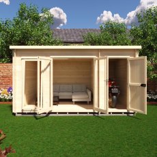 Shire Walsoken 10x14 Log Cabin - Front view with doors open showing garden office and motorcycle storage setup