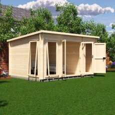 Shire Walsoken 10x14 Garden Log Cabin with double doors open revealing sofa furniture and integrated shed storage
