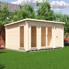 Shire Walsoken 10x14 Log Cabin with Side Store - Exterior side-angle view on garden lawn