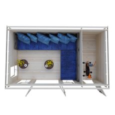 Shire Walsoken 10x17 Log Cabin - Overhead floor plan showing L-shaped corner sofa room layout and side storage section