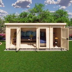 Shire Walsoken 10x17 Log Cabin - Front view with doors open showing spacious living area and side store setup