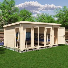 Shire Walsoken 10x17 Garden Log Cabin with double doors open revealing interior sofa and integrated shed storage