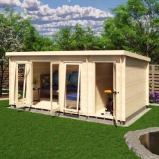 Shire Walsoken 10x17 Log Cabin Shed Combo - Angle view showing double glass windows and open store door