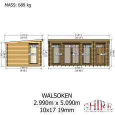 Shire Walsoken 10x17 Log Cabin Technical Drawing - Front and side elevation specs (2.990m x 5.090m)