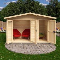 Shire Spalding 12x6 log cabin interior with double doors, windows and seating area