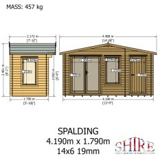 Shire Spalding 14x6 log cabin technical plan showing dimensions and layout