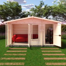 Shire Spalding 14x6 log cabin interior with double doors, windows and seating area