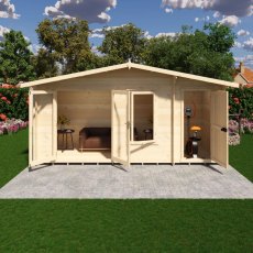 Shire Spalding 16x6 log cabin interior with double doors, windows and seating area