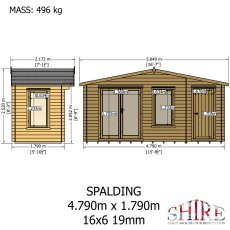 Shire Spalding 16x6 log cabin technical plan showing dimensions and layout