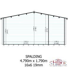 Shire Spalding 16x6 log cabin front elevation with dimensions
