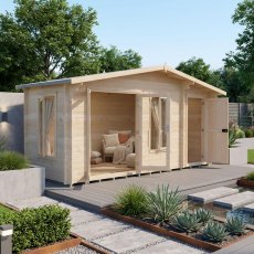 Shire Spalding 16x6 log cabin with open double doors and side windows in a garden