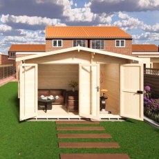 Shire Spalding 12x8 log cabin interior with double doors, windows and seating area