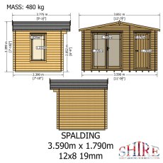 Shire Spalding 12x8 log cabin technical plan showing dimensions and layout