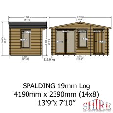Shire Spalding 14x8 log cabin technical plan showing dimensions and layout