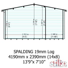 Shire Spalding 14x8 log cabin front elevation with dimensions