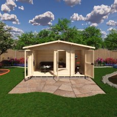Shire Spalding 14x8 log cabin interior with double doors, windows and seating area