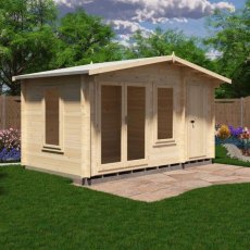 Shire Spalding 14x8 log cabin with double doors and side windows in a garden