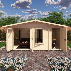 Shire Spalding 16x8 log cabin interior with double doors, windows and seating area