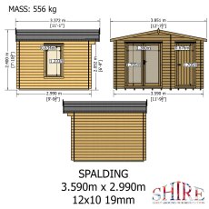 Shire Spalding 12x10 log cabin technical plan showing dimensions and layout