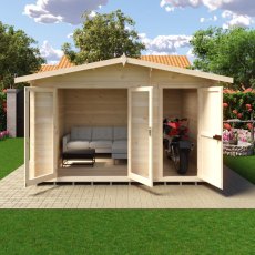 Shire Spalding 12x10 log cabin interior with double doors, windows and seating area