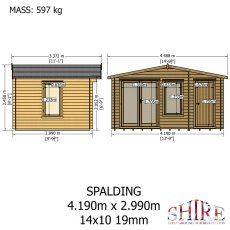 Shire Spalding 14x10 log cabin technical plan showing dimensions and layout
