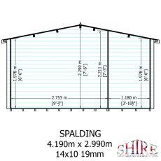 Shire Spalding 14x10 log cabin front elevation with dimensions