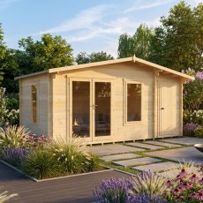 Shire Spalding 16x10 log cabin with double doors and side windows in a garden