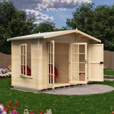 Shire Bourne 12x6 garden log cabin with open double doors showing red armchair interior seating.