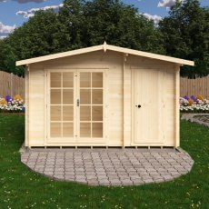 Front angle view of the 12x6 Shire Bourne timber log cabin with glass-paneled double doors and solid shed store door.