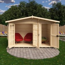 Shire Bourne 12x6 log cabin with both main double doors and integrated side storage shed doors fully open.