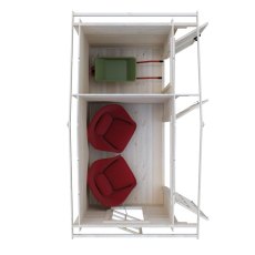 Aerial top-down interior floor plan showing two rooms fitted with armchairs and garden tools.