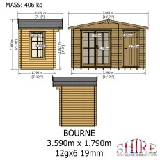 Dimensional elevations and mass specifications for the Shire Bourne 3.59m x 1.79m (12x6) 19mm log cabin.