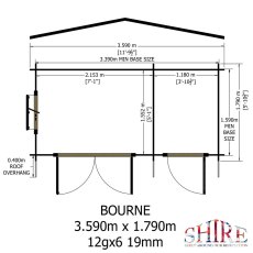 Internal room layout measurements and doorway dimensions blueprint for the 12x6 Shire Bourne wooden cabin.