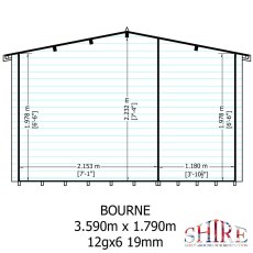Technical architectural schematic diagram showing front wall dimensions of the Shire Bourne 12x6 log cabin.
