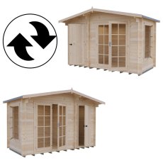 360-degree render views showing the exterior structure of the Shire Bourne 12x6 dual-entrance log cabin.