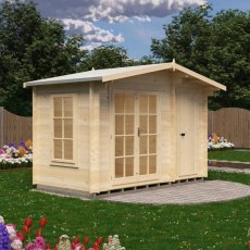 Exterior front view of the Shire Bourne 12x6 wooden log cabin in a garden setting with double doors closed.