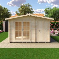 Straight-on front view of the 12x10 Shire Bourne timber log cabin with glass double doors and integrated storage entrance closed.