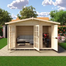 Front view of the Shire Bourne 12x10 log cabin showing main living area and side shed storage doors fully open.