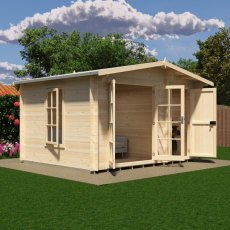 Shire Bourne 12x10 garden log cabin with double main doors open revealing interior seating area.