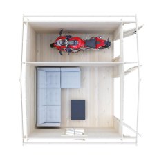 Top-down interior floor plan showing corner sofa lounge area and motor scooter stored in adjacent shed room.