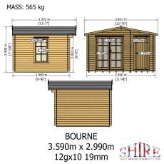 Dimensional elevation drawings and total mass specifications for the Shire Bourne 3.59m x 2.99m (12x10) 19mm log cabin.